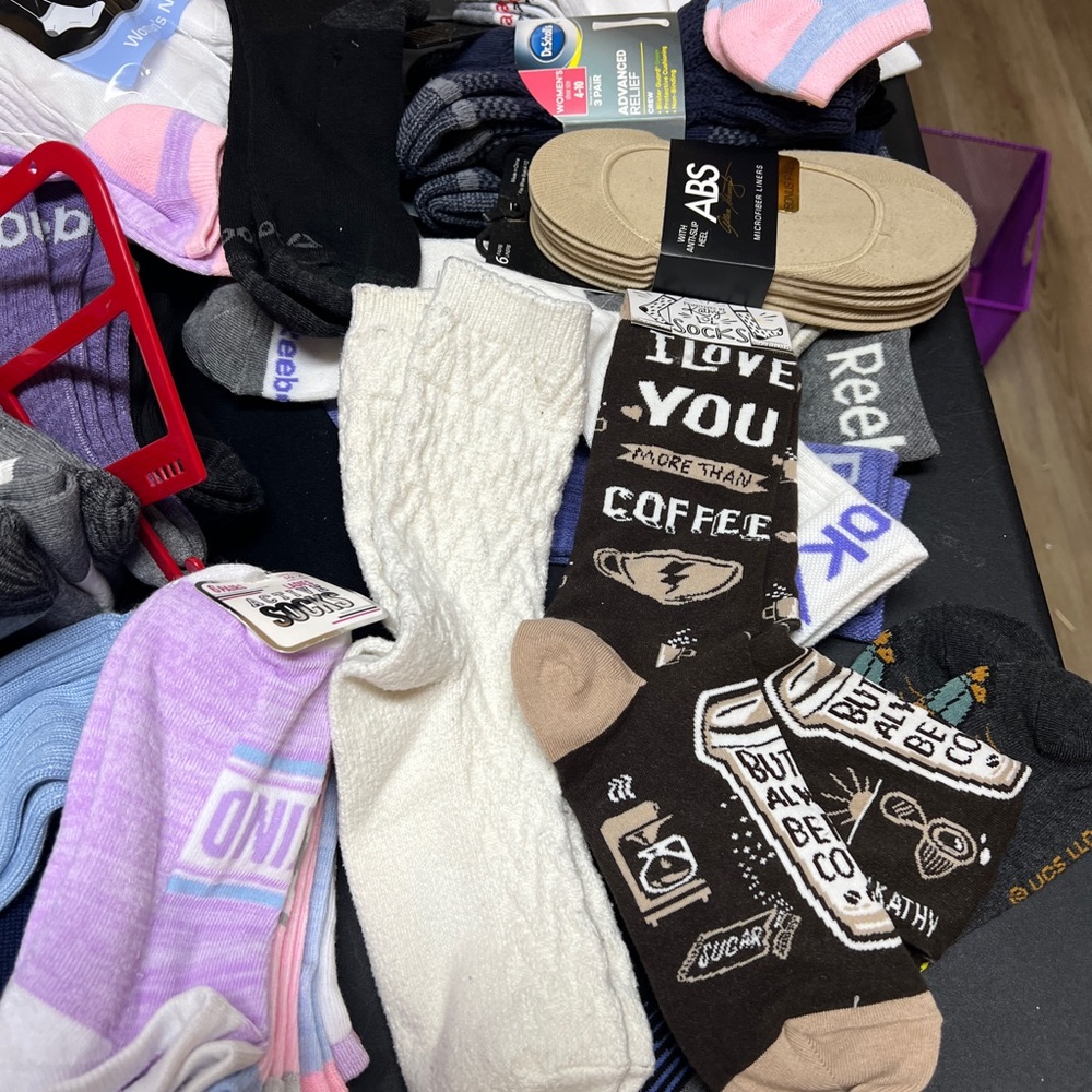 Socks-socks-socks!  New! Assorted women’s socks!  At least 25 pairs!  Size 4-10